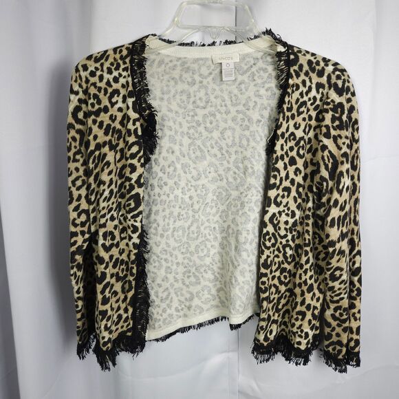 Chico's 0 Womens 4 Leopard Cheetah Print Open Front Cropped Cardigan Sweater - Picture 1 of 6